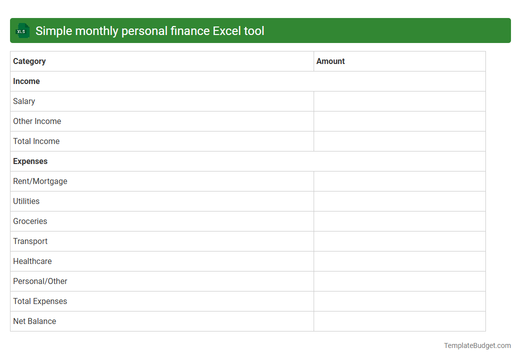 Simple monthly personal finance Excel tool