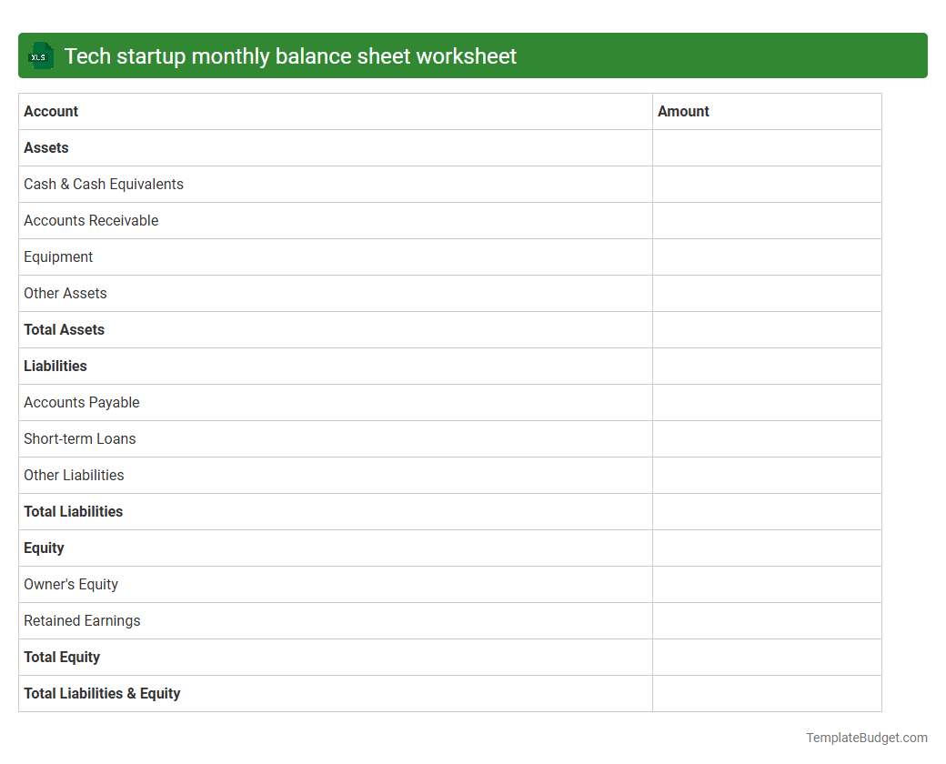 Tech startup monthly balance sheet worksheet
