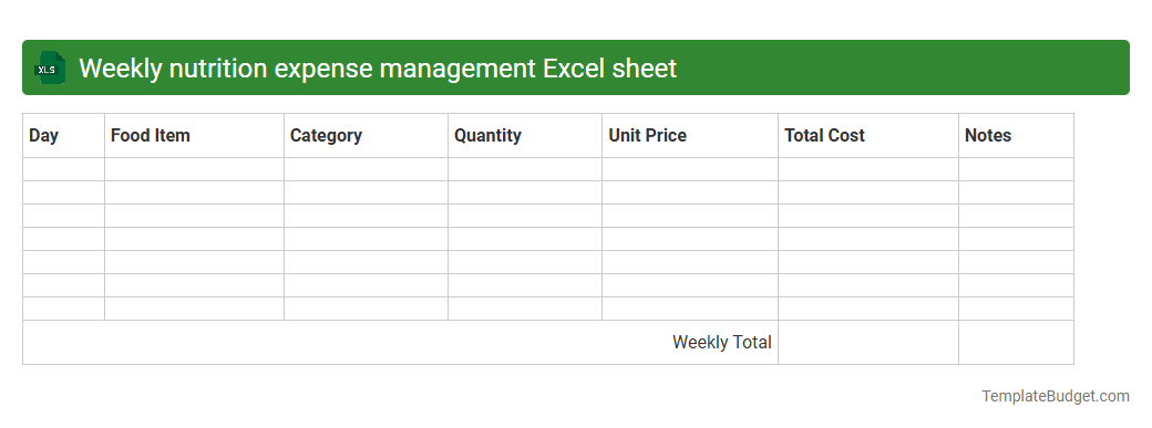 Weekly nutrition expense management Excel sheet