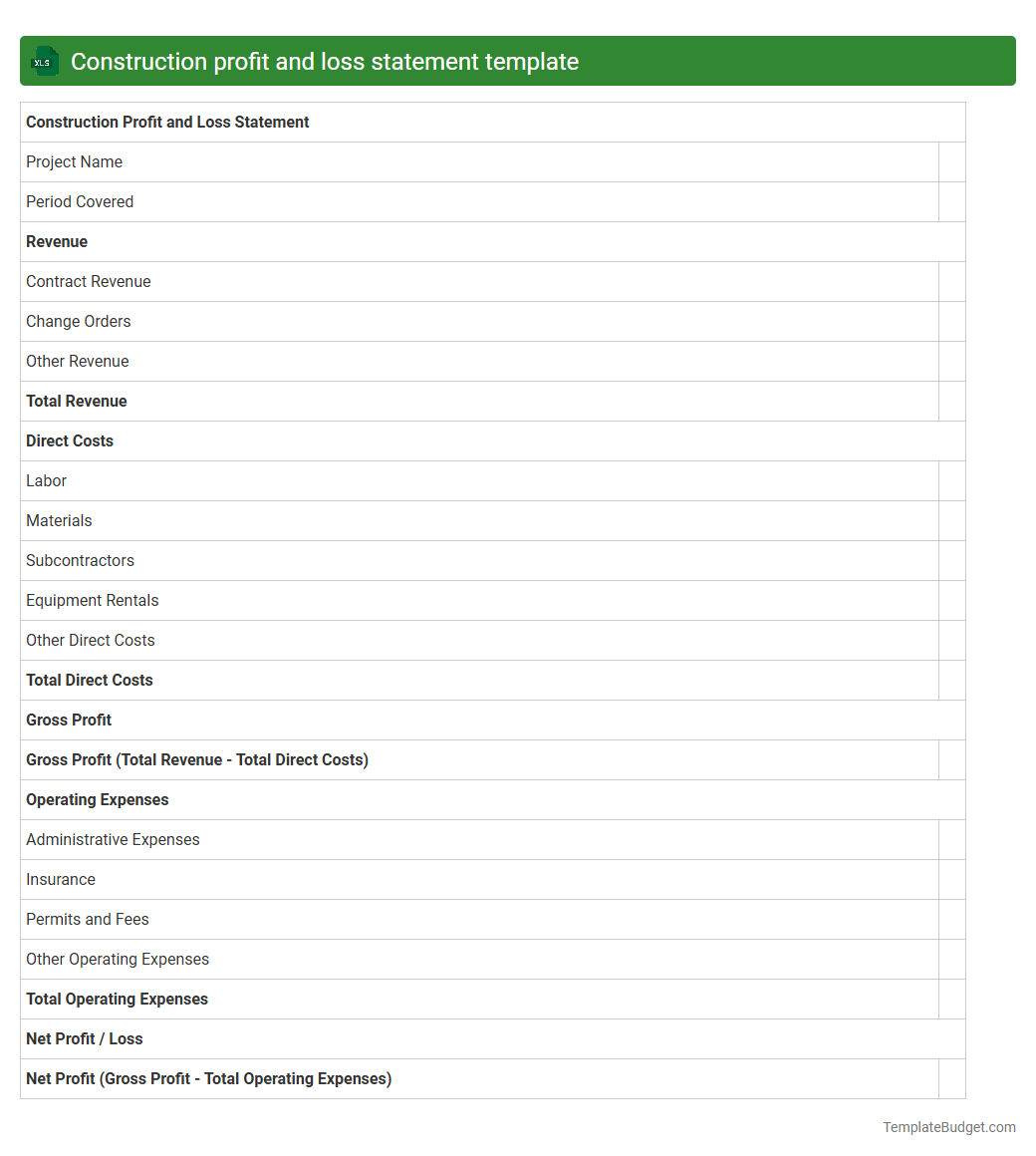 Construction profit and loss statement template