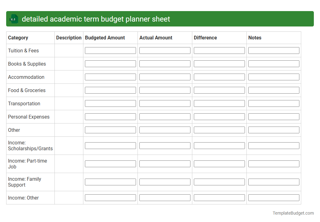 detailed academic term budget planner sheet