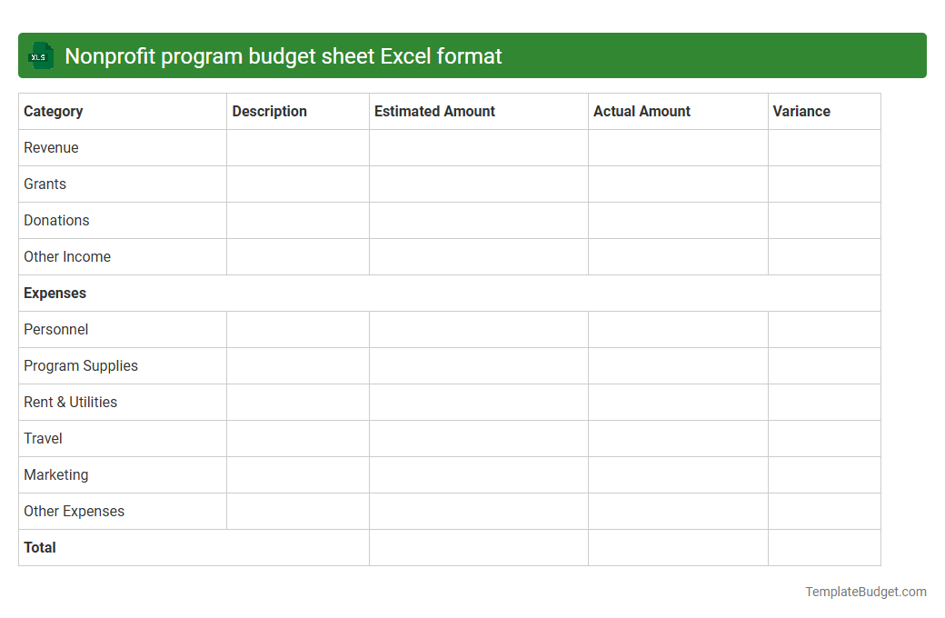 Nonprofit program budget sheet Excel format
