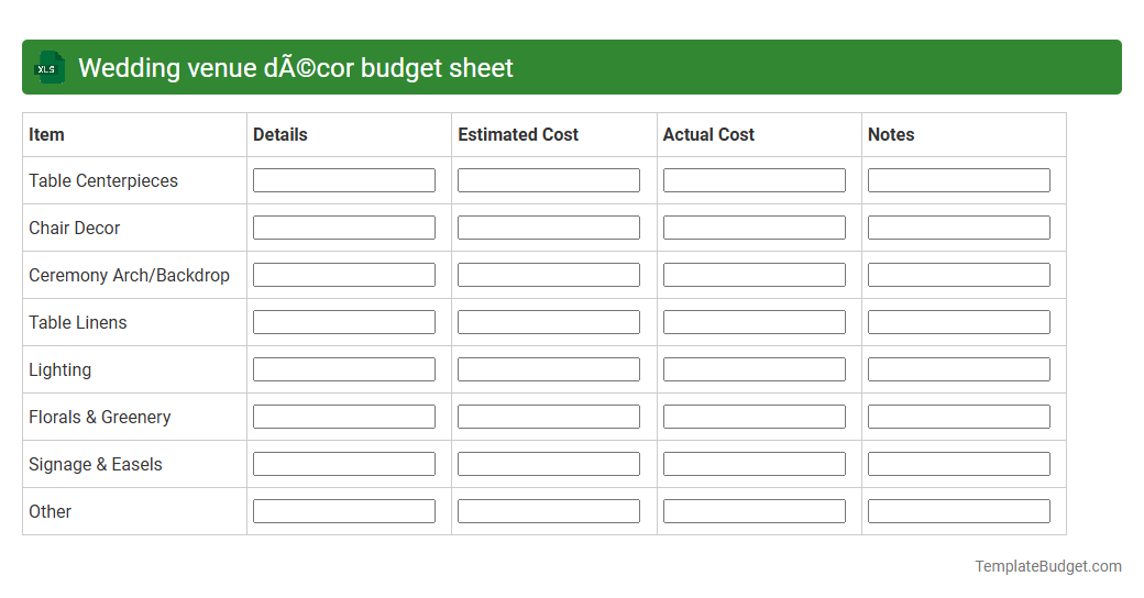 Wedding venue décor budget sheet