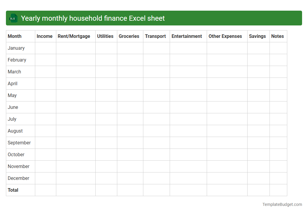 Yearly monthly household finance Excel sheet