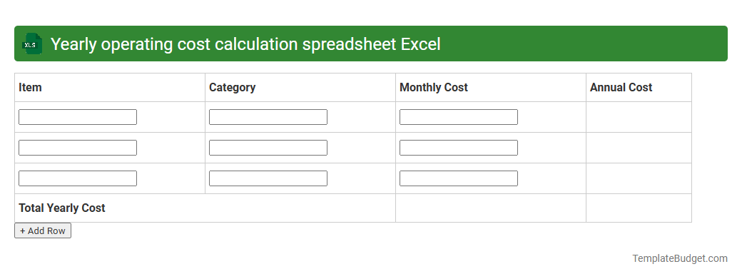 Yearly operating cost calculation spreadsheet Excel